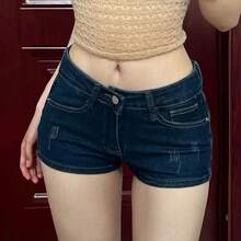 Pantalones cortos vaqueros ajustados sexis de verano para mujer, pantalones cortos Vintage de color azul profundo con bolsillos de cintura baja, Mini pantalones cortos vaqueros coreanos Y2K para mujer - azul profundo - Ver 4