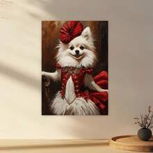 Enmarcado Lienzo decorativo de pared 2D plano, 1 unidad, grande, , con diseño de perro Pomerania blanco con traje de bailarina de zorro rojo - Moderno minimalista - Póster de Pomerania adorable para el hogar, la oficina, regalo para amantes de los perros, retrato de animal, 2D plano - Enmarcado - Ver 3