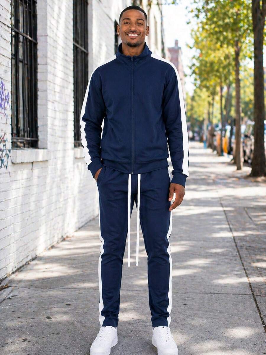 Homme Mens 2 Pc Light Weight Side Stripe Two Piece Co-Ord Track Jacket And Track Pant Set Ankle Zipper - 海軍白 - 查看 1