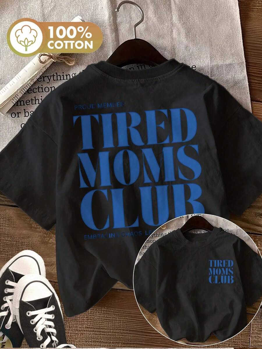 Women's 100% Cotton Crew Neck T‑Shirt, Soft Breathable Casual Top With "Tired Moms Club" Bold Blue Letter Graphic, Machine Washable Everyday & Mom‑Life Outfits - 黑色 - 查看 1