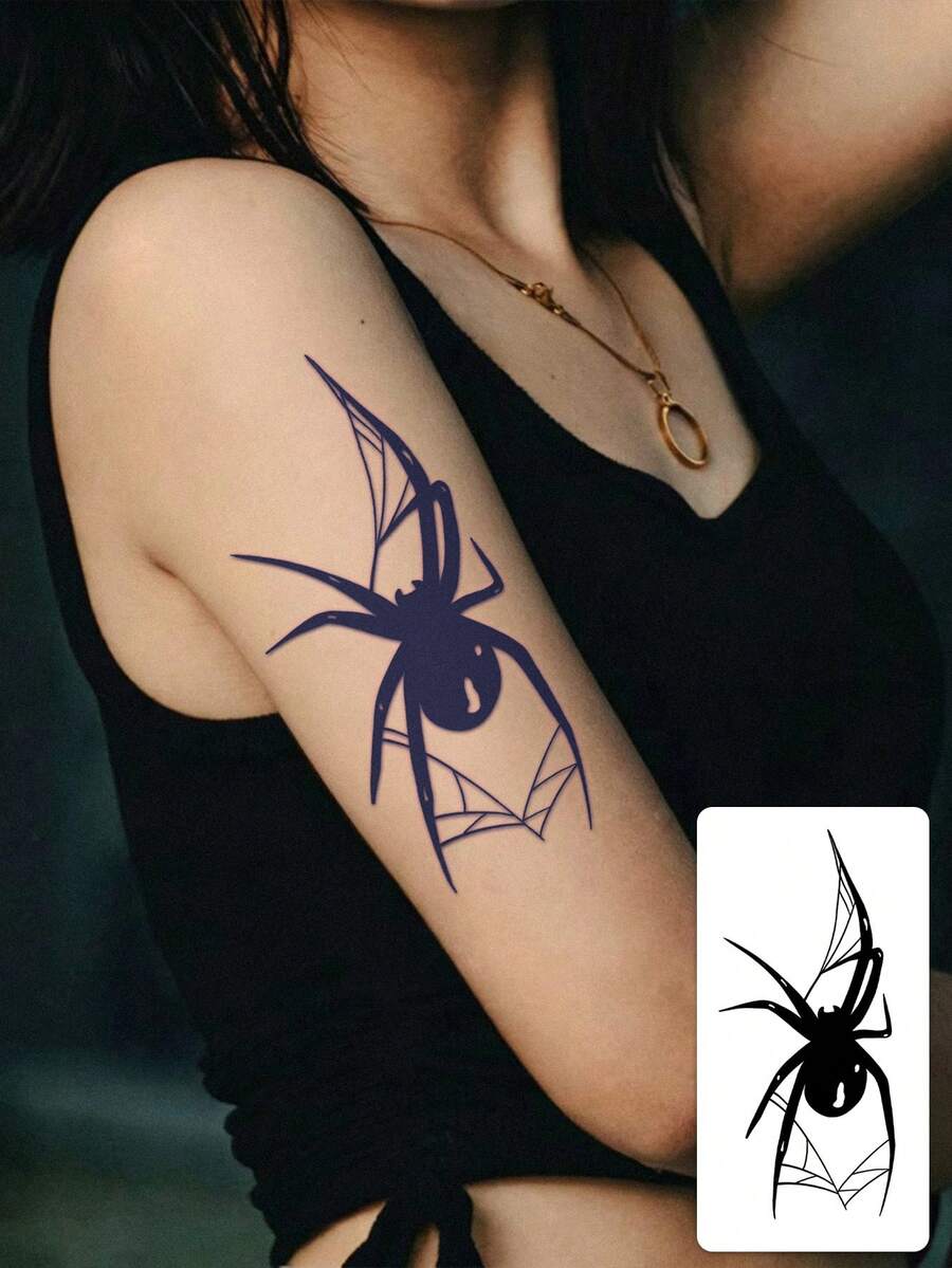 1 pieza Tatuaje temporal de telaraña oscura, resistente al agua y de larga duración, decoración para el brazo/parte superior del brazo, estilo INS - Negro - Ver 1