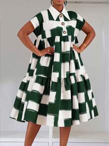Plus Size Color-Block Printed Ruffled Lapel Dress, Elegant Ladies, Beach Outfit, Thanksgiving, Graduation, Modest Dress, Summer Vacation - Dark Green - View 1