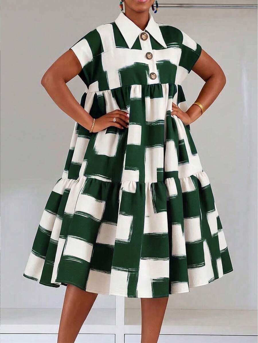 Plus Size Color-Block Printed Ruffled Lapel Dress, Elegant Ladies, Beach Outfit, Thanksgiving, Graduation, Modest Dress, Summer Vacation - Dark Green - View 1