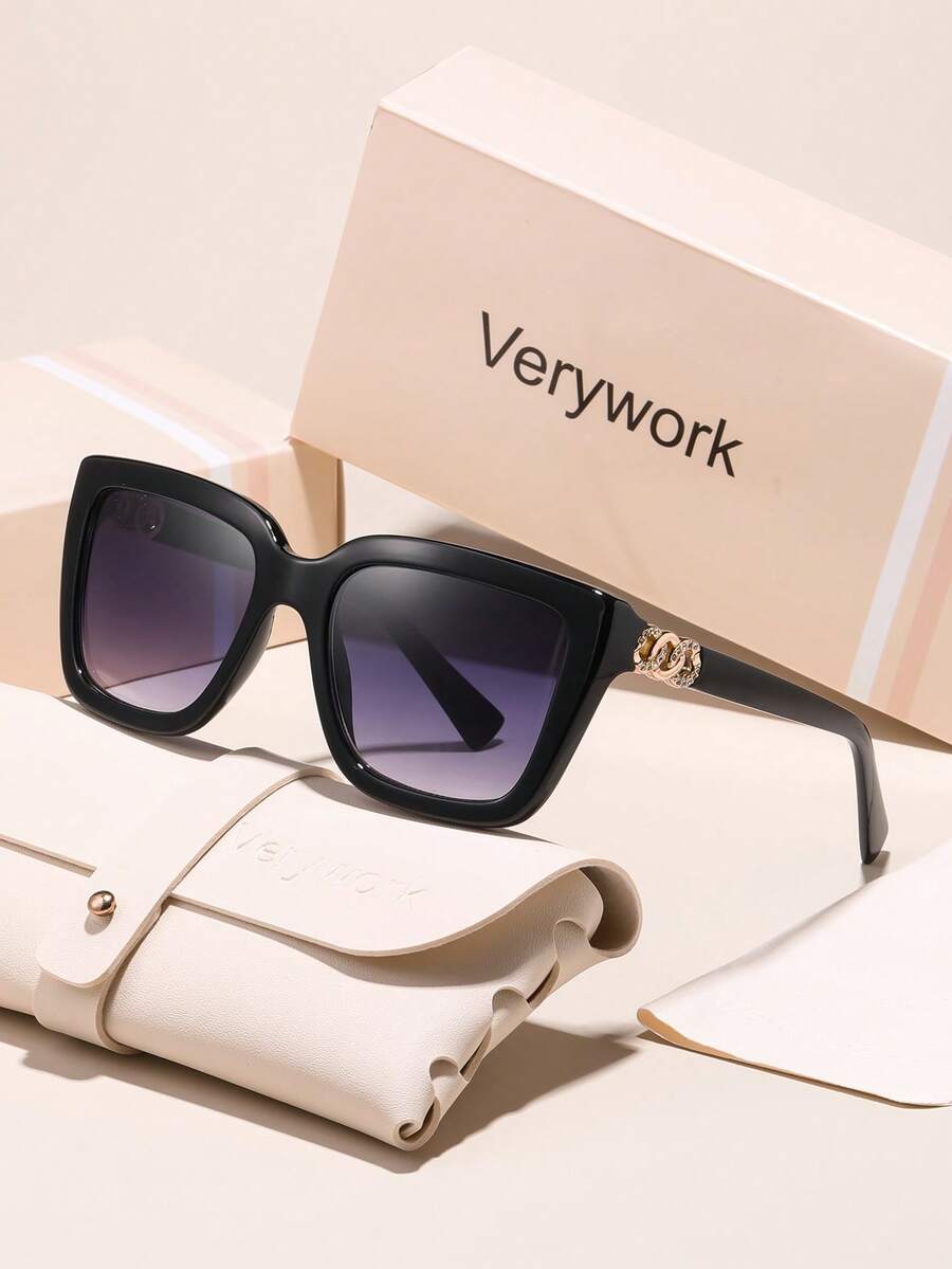 Verywork 1件装女士豹纹黑色方形全框塑料合金链环水钻新款完美精致T台时尚眼镜，适合街拍、商务休闲女士、约会装扮配饰 - 彩色 - 查看 1