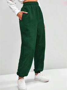 Cómodos pantalones deportivos de cintura alta para mujer, pantalones elásticos y suaves para uso diario con cintura elástica - verde - Ver 1