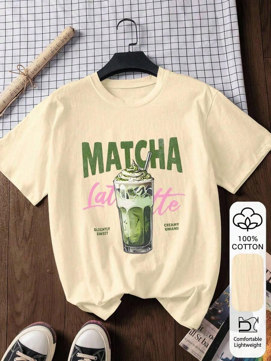 Camiseta casual de manga corta de 100% algodón con estampado de matcha, camiseta gráfica, ropa de exterior, estampado impreso, camiseta de verano, camiseta de mujer, blusa de verano, atuendo de vacaciones, estilo de playa, ropa de resort minimalista - Albaricoque - Ver 1