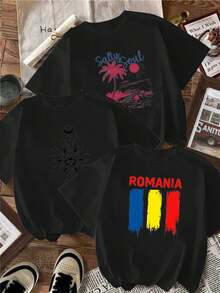 Salty Soul T-Shirt With Palm Tree And Sun Print, Complex Sun And Moon Design T-Shirt, Romanian Flag Print T-Shirt - Ultra Soft, Lightweight And Breathable Women's Casual T-Shirt, Fashionable Summer T-Shirt, Suitable For Daily Wear And Outdoor Activities. - 黑色 - 查看 8