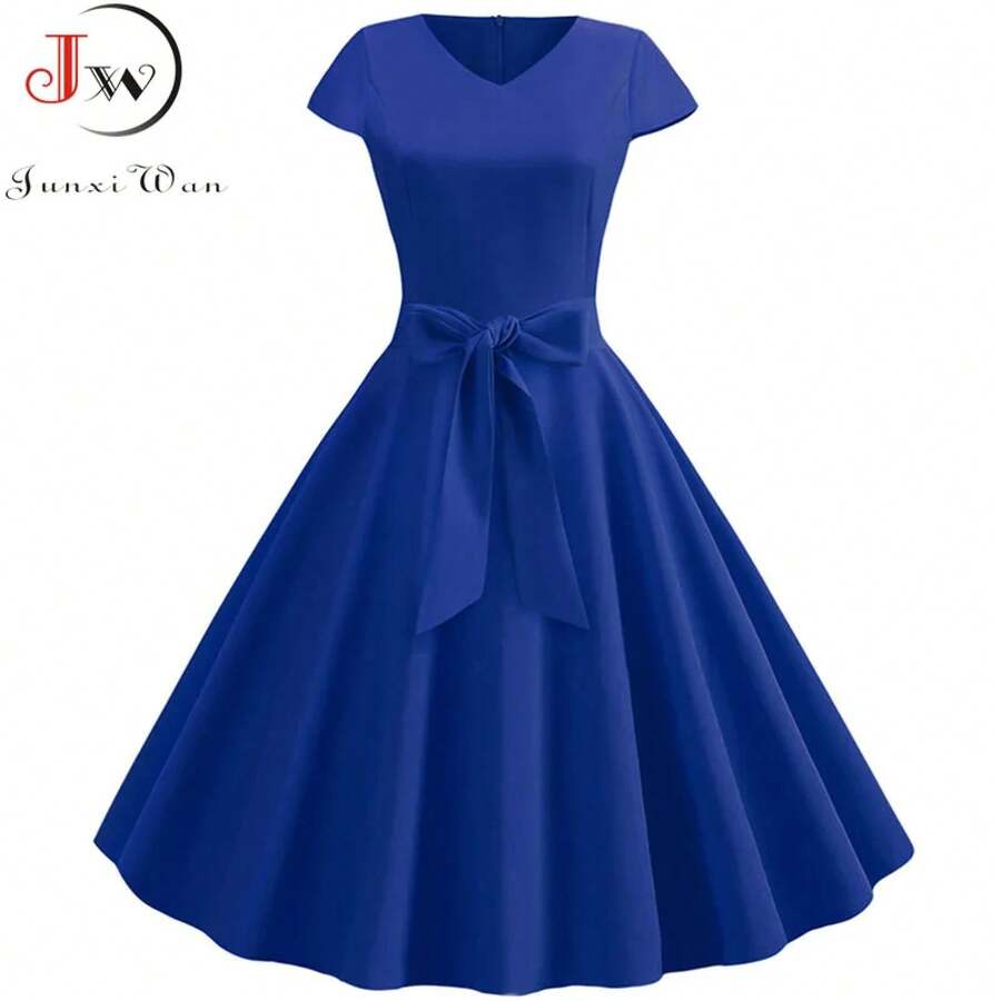 Vestido Vintage de verano para mujer con cinturón, manga corta, cuello en V, vestidos de fiesta Retro elegantes - 007 - Ver 1