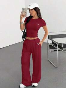 wear Set de 2 prendas de punto ajustadas bordadas para mujer, blancas de verano - Burdeos - Ver 3