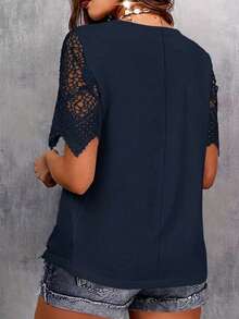 Plus Size Women's V-Neck Short Sleeve Lace Patchwork T-Shirt, Summer Casual - Navy Blue - View 2