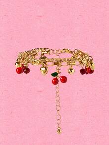Popjeli 1pc Asymmetrical Shell Bracelet, Vibrant Red Cherry & Apple Shaped Charm, Versatile Daily Wear Bracelet/Anklet, Multiple Styles - Thick Chain-gold - View 4