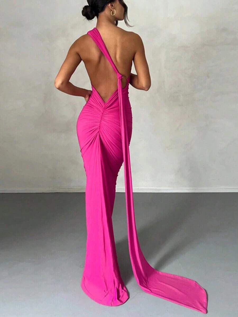 Vestido de fiesta elegante de verano para mujer, de un solo hombro, ajustado y con espalda descubierta, de unicolor - Rosa Fucsia - Ver 1