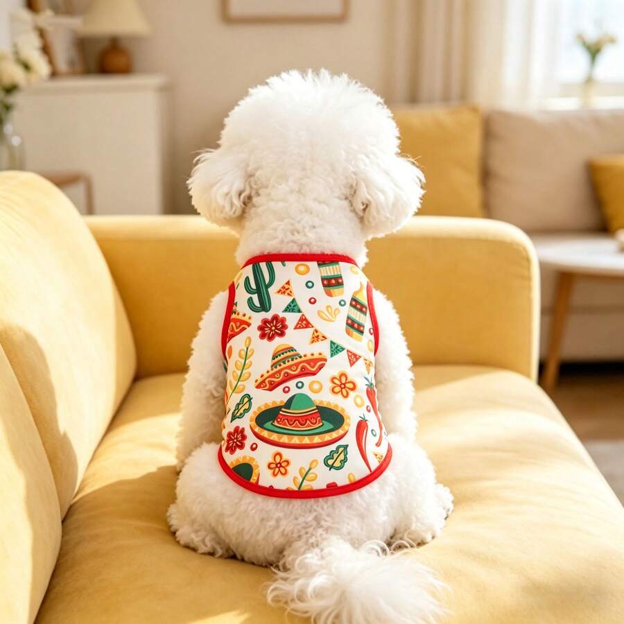 1pc Pet Dog Vest, Mexican Style Printed Pet Vest, Suitable For Small/Medium Dogs & Cats, Lightweight For Spring/Summer Indoor Or Outdoor Use - Red - View 1