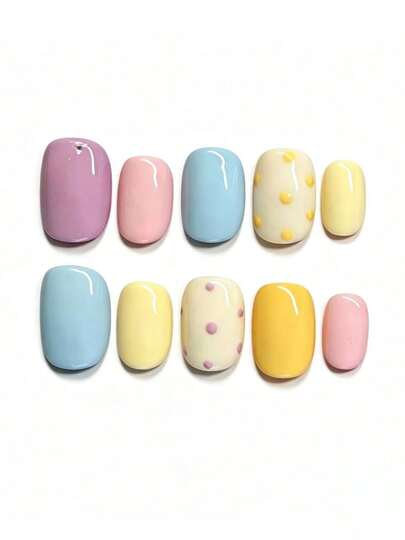 10pcs It's Named Macaron Polka Dot Jelly. This Manicure Features A Playful Pastel Palette Of Lavender, Pink, Sky Blue, And Butter Yellow, With Glossy Solid Colors And Subtle Polka Dot Accents. The Smooth, High-Shine Finish Gives It A Soft, Sweet Vibe, Like A Box Of Colorful Macarons On Your Fingertips.