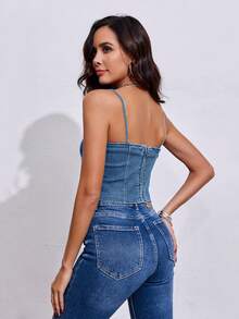 Womens Denim Corset Tank Tops Sleeveless Slim Fit Vest Spaghetti Strap Summer Crop Top - Light Blue - View 3
