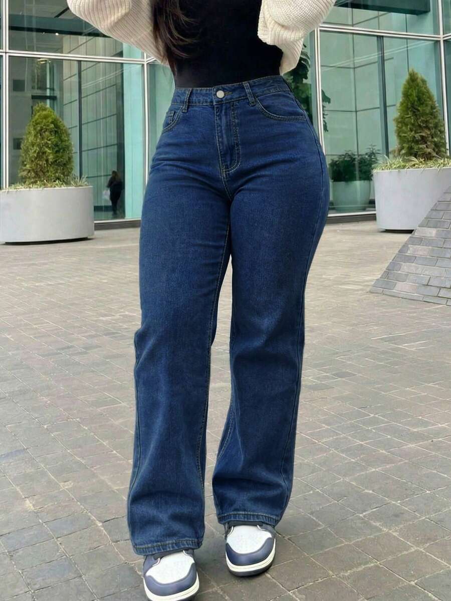 Women's Vintage Loose Boyfriend Straight Leg Jeans - Dark Wash - View 1