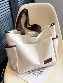 Minimalist Solid Color Canvas Tote Bag, Large Capacity Crossbody Bag, Portable Travel Shoulder Bag, Casual Handbag, Suitable For Outdoor Travel Or Commuting, Vintage Multi-Pocket Handbag, Multi-Functional Square Backpack, Large Capacity Student Tote Bag, Multi-Compartment Design, Perfect For Beach, School, Work And Daily Use, Women's Handbag, College Mother's Day Gift, Travel Essential - Beige - View 13