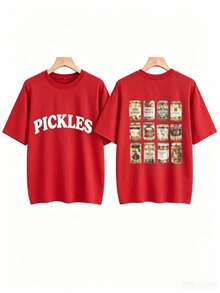 [Olive Green Sweatshirt] Soft Olive Green Crewneck Sweatshirt |     PICKLES Letter Print & Pickle Jar Graphic - Mid-Stretch Fabric, Machine Washable - 紅色2 - View 10