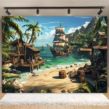 1 pieza Bandera de fondo con barco pirata y palmera tropical - Decoración de poliéster multiusos, adecuada para todo el año, apta para diversas ocasiones, sin necesidad de electricidad - 4 - Ver 3