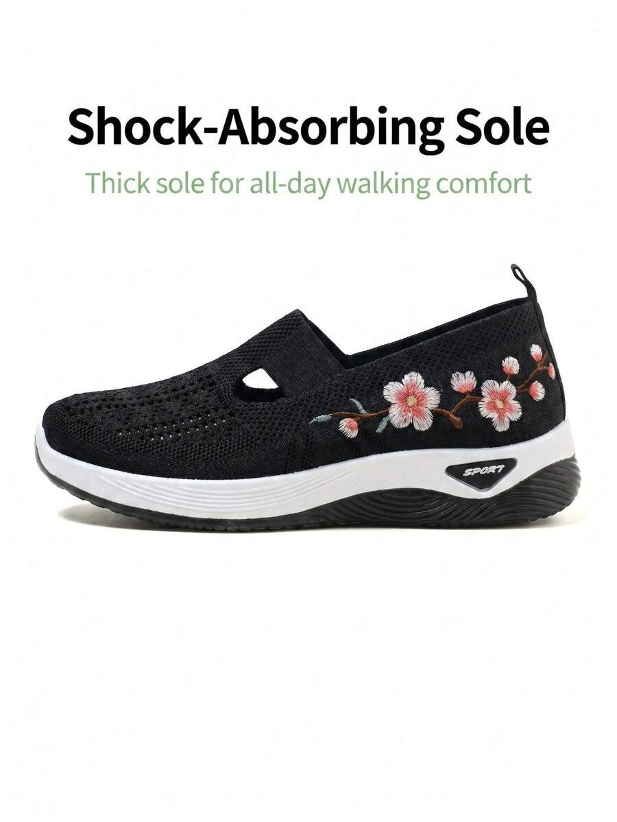 Zapatos casuales de mujer con diseño de bordado de flor de ciruelo y malla, cómodos y duraderos, adecuados para personas mayores y madres para uso diario, caminar y conducir
