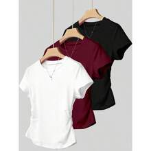 3pcs Women Summer Casual Solid Color Tops, Fashion Minimalist Style, Suitable For Sports, Outdoor, Back To School, Pink, Apricot, Brick Red, Women T-Shirts - 多色-10 - 查看 1