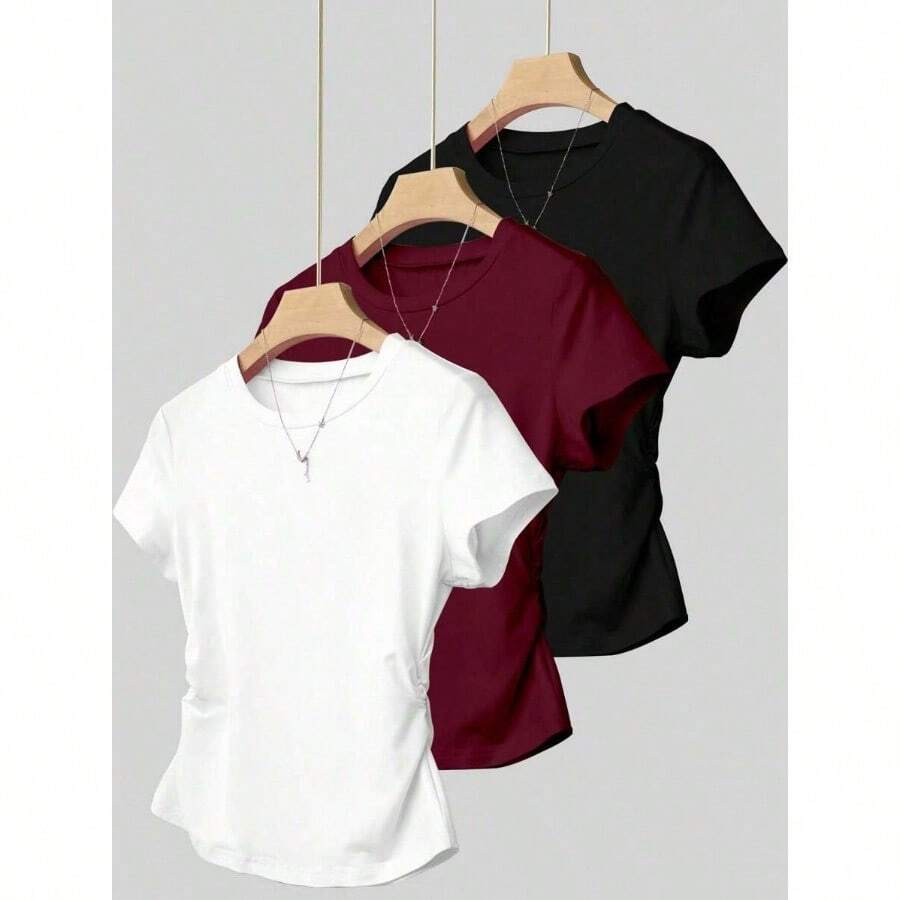 3pcs Women Summer Casual Solid Color Tops, Fashion Minimalist Style, Suitable For Sports, Outdoor, Back To School, Pink, Apricot, Brick Red, Women T-Shirts - 多色-10 - 查看 1