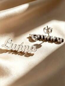 1 Pair Customizable English Letter Engraved Earrings, Personalized Stainless Steel Earrings Suitable For Men And Women, Custom Earring Gift - Silver - View 3