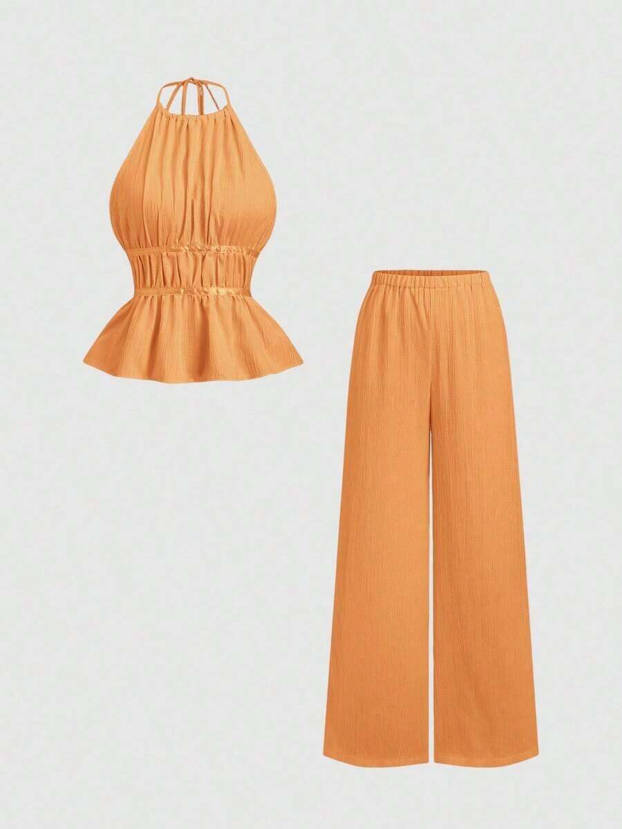 Conjunto de dos piezas para mujer estilo francés elegante color café, top halter de escote alto con tirantes finos, cintura fruncida y dobladillo peplum, combinado con pantalones anchos holgados de cintura elástica, tejido texturizado fresco y cómodo, ideal para uso diario, brunch, citas, salidas casuales, vacaciones y looks sofisticados de primavera y verano - Naranja - Ver 1