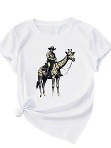 Women's Soft T-Shirt With Long Neck Ranch Denim Giraffe Design - 白色 - 查看 1