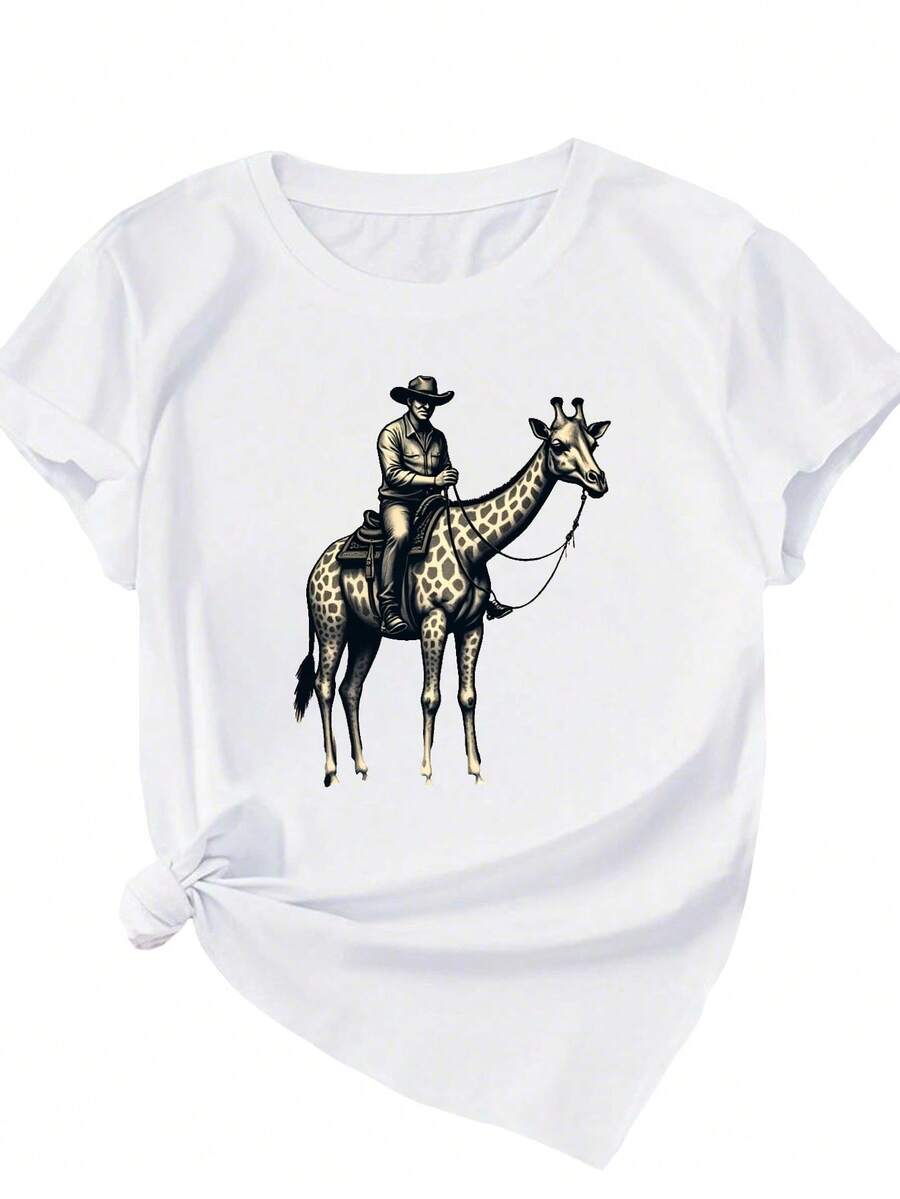 Women's Soft T-Shirt With Long Neck Ranch Denim Giraffe Design - 白色 - 查看 1