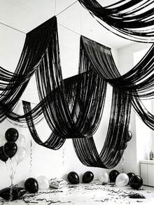 1pc 450cm Black Plastic Bead Curtain, Gold Petal Tassel Decor For Party Background, Birthday Party Supplies, Petal Tassel Backdrop, Wedding Wreath Decor, Gold Party Supplies, Party Decoration, Graduation Ceremony Decor, Indoor Decoration, Wedding Dress Background, Hawaiian Style Decor, Graduation Ceremony Decoration - Black - View 1