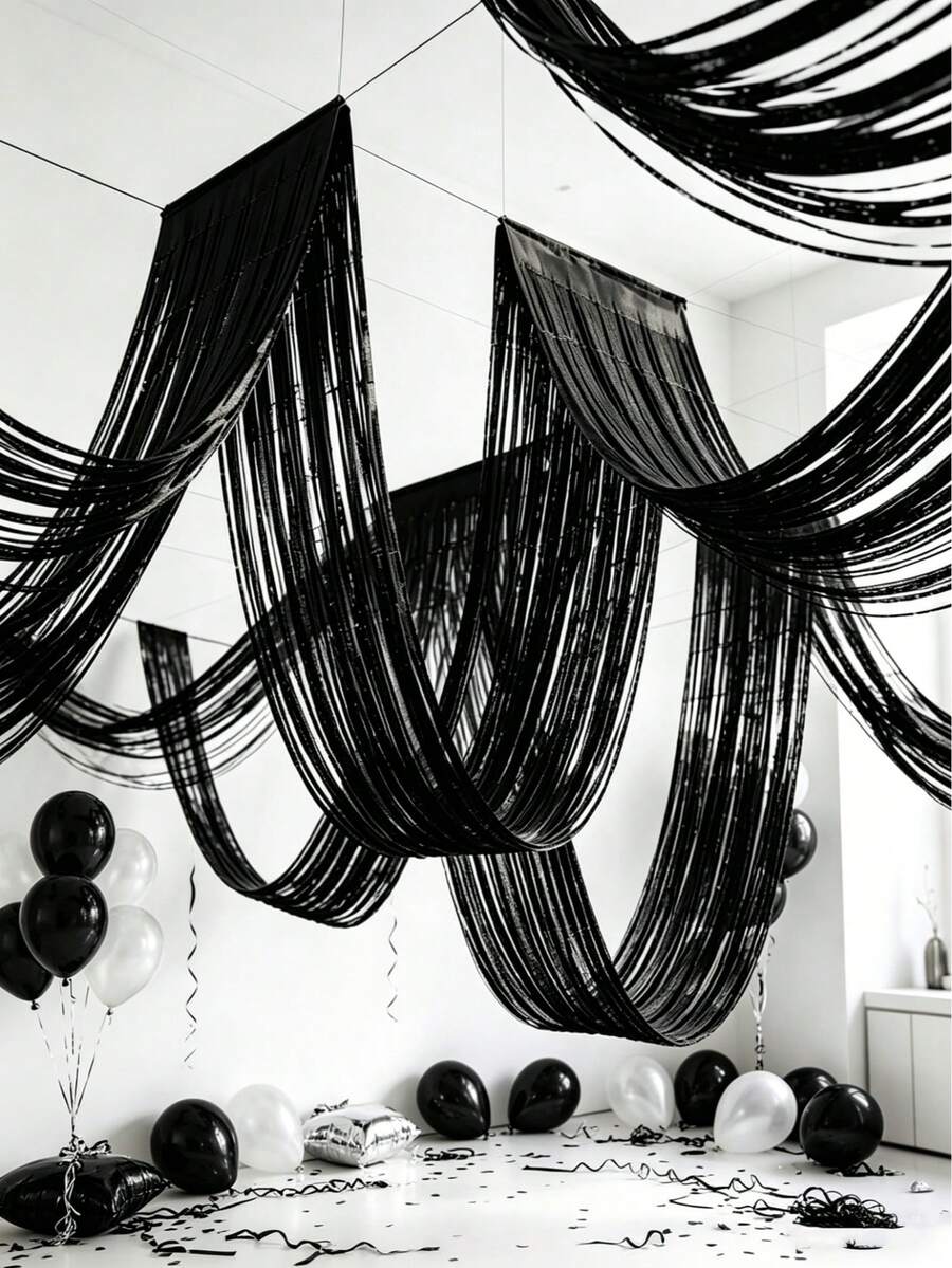 1pc 450cm Black Plastic Bead Curtain, Gold Petal Tassel Decor For Party Background, Birthday Party Supplies, Petal Tassel Backdrop, Wedding Wreath Decor, Gold Party Supplies, Party Decoration, Graduation Ceremony Decor, Indoor Decoration, Wedding Dress Background, Hawaiian Style Decor, Graduation Ceremony Decoration - Black - View 1