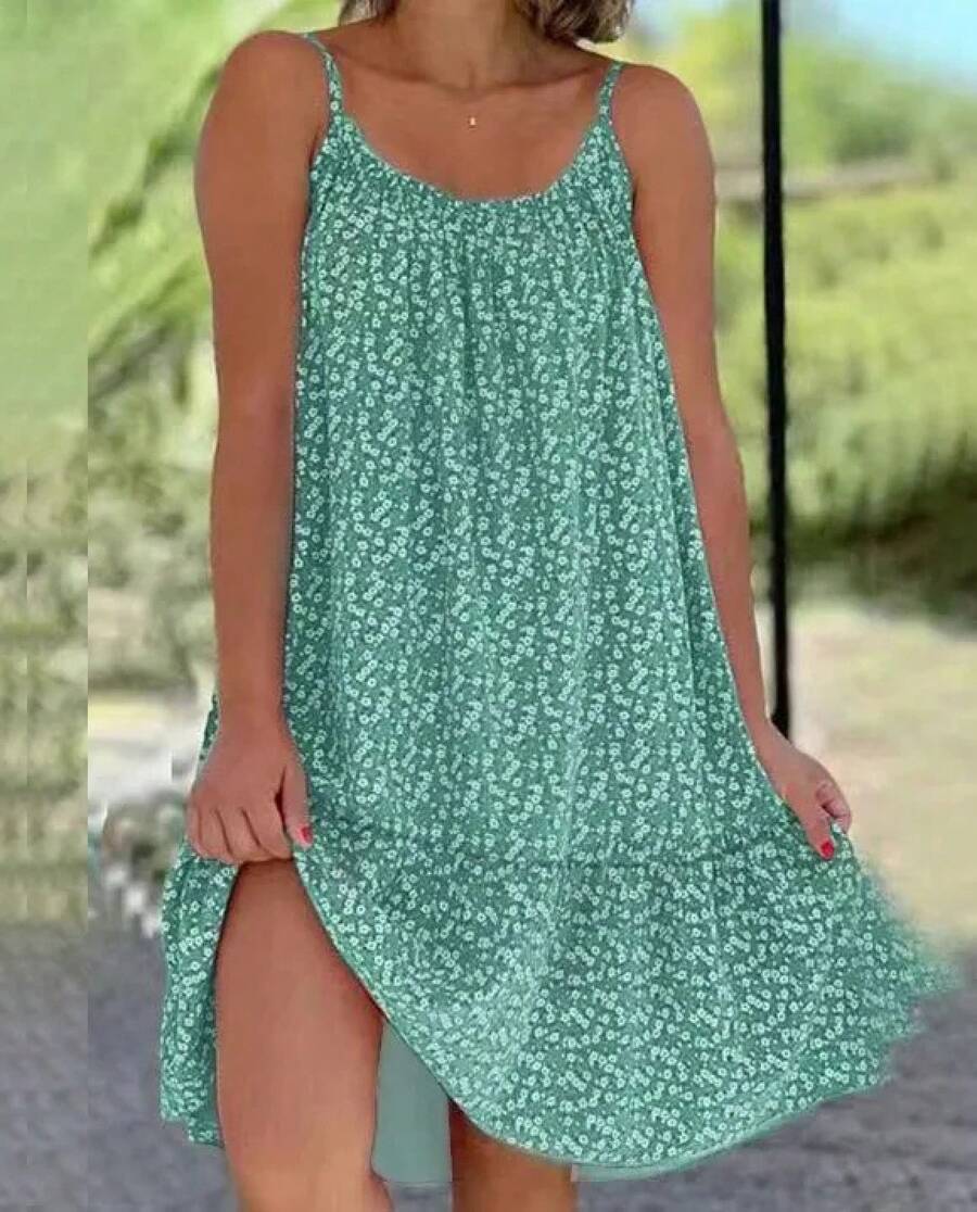 Nuevo Vestido de Verano 2026, Estilo Casual Europeo y Americano, Estampado, Sin Mangas, con Tirantes y Gran Vuelo, para  en - Verde Claro - Ver 1