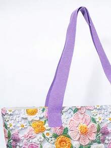 1 Pc Floral Embroidered Tote Bag, Large Capacity Canvas Shoulder Bag With Purple Handle, Cute Aesthetic Handbag ,Lightweight Shopping Bag For School Beach Grocery Daily Holiday - Mauve Purple - View 5
