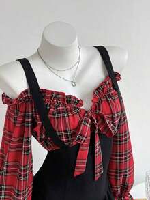 Vestido casual de otoño con estampado tartán, hombros descubiertos y tirantes anchos, perfecto para look diario y salidas con amigas - Rojo y negro - Ver 3