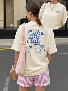Blusa de verano de manga corta de estilo casual y holgado con estampado de club de café, camiseta gráfica de tela suave para uso al aire libre, con estampado, camiseta de verano para mujer - Albaricoque - Ver 6