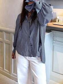 Nueva camisa casual de manga larga con lazo, puños y cuadros, elegante y de estilo para vacaciones, minimalista para ir al trabajo, uso diario, té, todas las estaciones, primavera - Azul oscuro - Ver 4