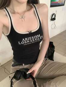 Y2K复古美式风格女童短款无袖针织背心，撞色设计，字母图案，休闲甜美街头风，适合日常、约会、周末、返校、户外、海滩等场合，黑色夏季款 - 黑色 - 查看 2