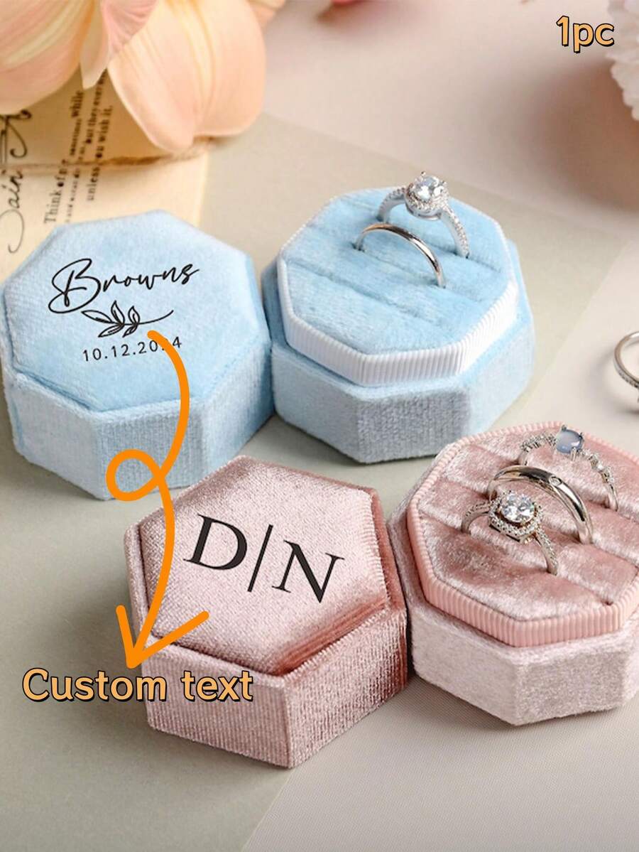 1pc Personalized Hexagon Velvet Ring Box Custom Engraved Proposal Wedding Gift - Multicolor - View 1