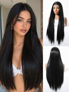30 Inch 13x4 Lace Black Front Wig For Women Long Straight Synthetic Hair Wig Pre Plucked Natural Hairline Heat Resistant Glueless Hair Wig For Daily Party Cosplay Natural Looking Lightweight Breathable Soft Smooth Hair Easy Wear Daily Use Versatile - 黑色 - 查看 3