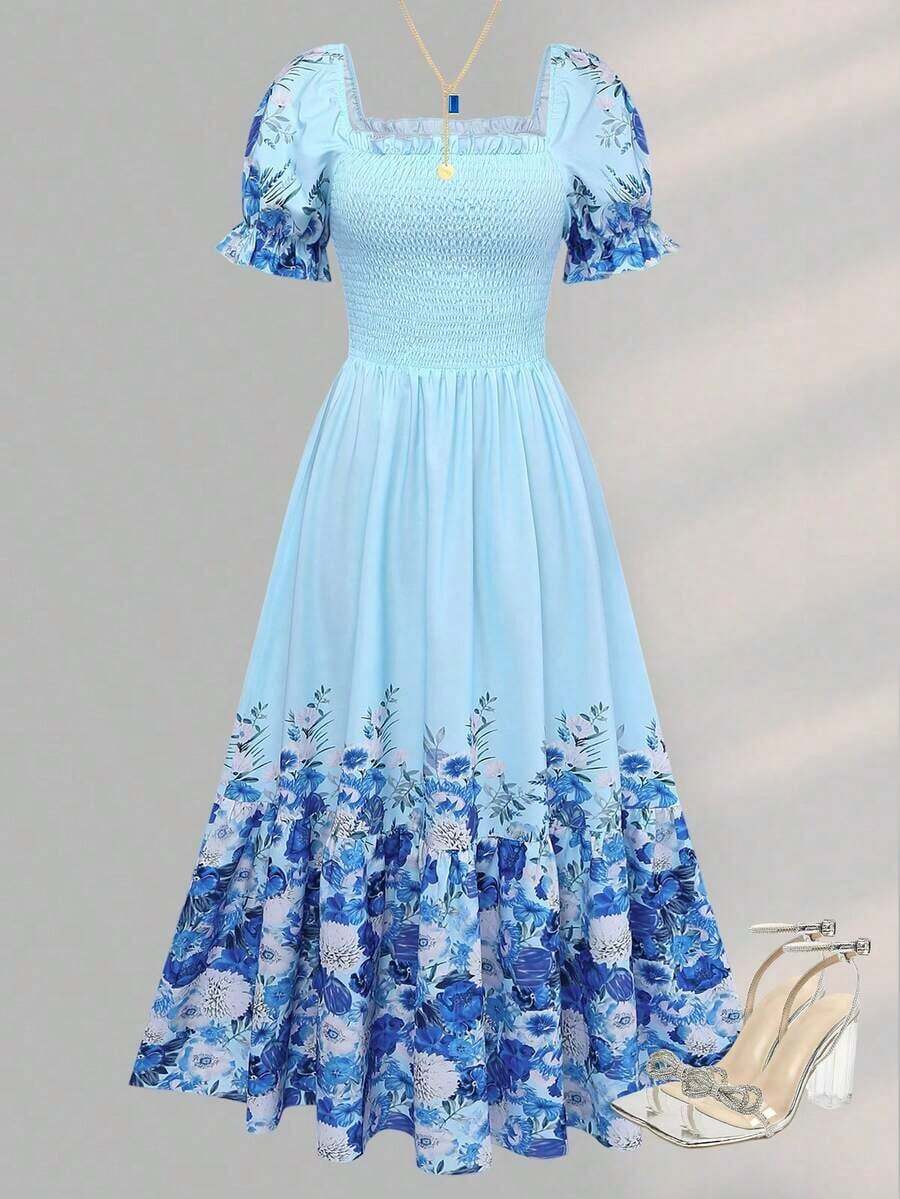 Women's Bright Floral Print Waist Splice Vacation Dress, Summer Elegant - Multicolor 4 - Ver 1