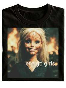 New Fun Unisex T-Shirt, Featuring A Black Doll Design With Flames And The Text "Let's Go Girls," Suitable For Casual Everyday Wear, Perfect As A Gift Or Holiday Present, A Stylish And Versatile Daily Outfit, Short-Sleeved, Available In Plus Sizes - Black - View 1