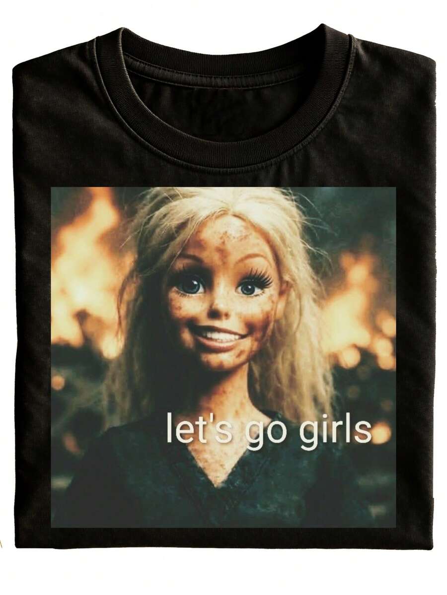 New Fun Unisex T-Shirt, Featuring A Black Doll Design With Flames And The Text "Let's Go Girls," Suitable For Casual Everyday Wear, Perfect As A Gift Or Holiday Present, A Stylish And Versatile Daily Outfit, Short-Sleeved, Available In Plus Sizes - Black - View 1