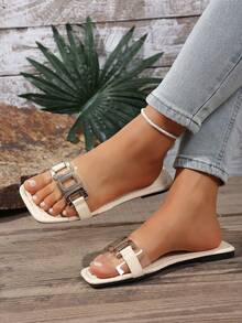 Women's Comfortable Slip-On Flat Slippers, Fashionable Retro Design With Buckle Decor, Suitable For Daily Wear With Style - Beige - View 3