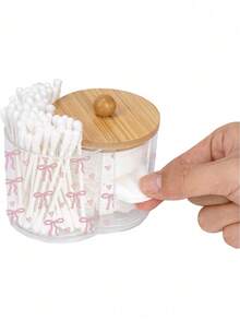 Caja de almacenamiento de plástico transparente con tapa de bambú con patrón de lazo rosa 2 en 1, organizador de cosméticos de escritorio con doble orificio redondo, organizador de maquillaje de doble compartimento transparente - Multicolor - Ver 6