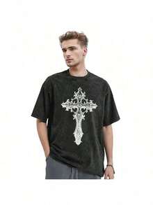 Men's Vintage Washed Y2g Streetwear Casual T-Shirt-Men's Heavy Weight Retro Washed Loose T-Shirt-Second-Hand Black Color Nostalgic Workout Shirt With White Greek Letter Print, Round Neck Short Sleeve Casual And Sports Top, Machine Washable Suitable For Fitness, Daily Wear And Wear Bandage Dress (Durable Retro Appearance, Youth Loose Design, Comfortable Fit, Long-Term Non-Fading, Ideal For Leisure And Fitness)-Thick Fabric, Distressed Texture, Young Style, Suitable For Gym And Weekend Wear, Plus Size-Suitable For Daily Wear, Party2025 - 黑-e - 查看 19