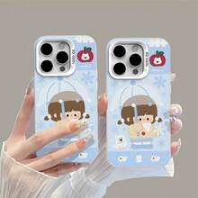 Funda para móvil con diseño de niña linda en tonos azules y nieve invernal. Compatible con Samsung, Apple, VIVO, OPPO, , Transsion, ,  y Honor. Fabricada en silicona TPU, ofrece protección contra golpes y caídas. - Blanco - Ver 1