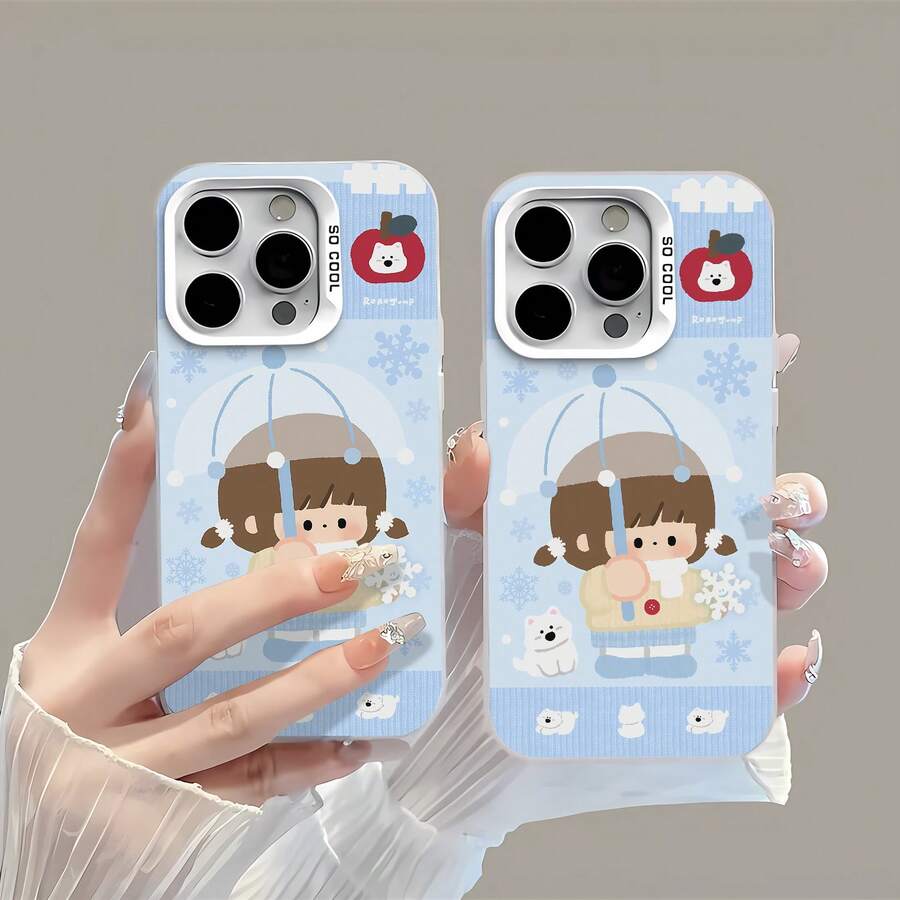 Funda para móvil con diseño de niña linda en tonos azules y nieve invernal. Compatible con Samsung, Apple, VIVO, OPPO, , Transsion, , y Honor. Fabricada en silicona TPU, ofrece protección contra golpes y caídas. - Blanco - Ver 1