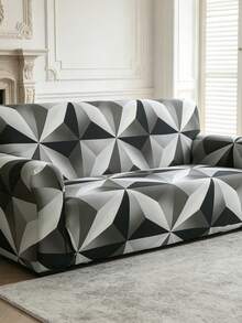 1pc Stretch Full Cover Sofa Slipcover, Geometric Pattern, Modern Style Polyester Fabric, Machine Washable, Protects Sofa, Dust & Dirt Resistant - Black and White - View 6