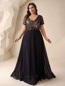UNITHORSE [Random Cut] Women's Elegant V-Neck Short Sleeve Sequin Patchwork Chiffon Cocktail Party High Slit Dress - Black - View 4